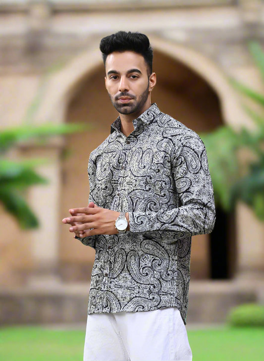 Black Full Sleeves Rajasthani Print Shirt