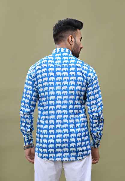 Blue Elephant Print Sanganeri Printed Cotton Shirt