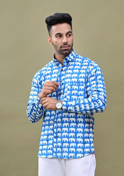 Blue Elephant Print Sanganeri Printed Cotton Shirt