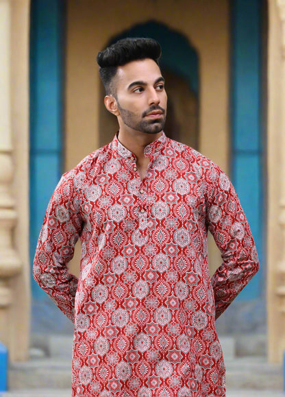 Maroon Printed Cotton Long Kurta