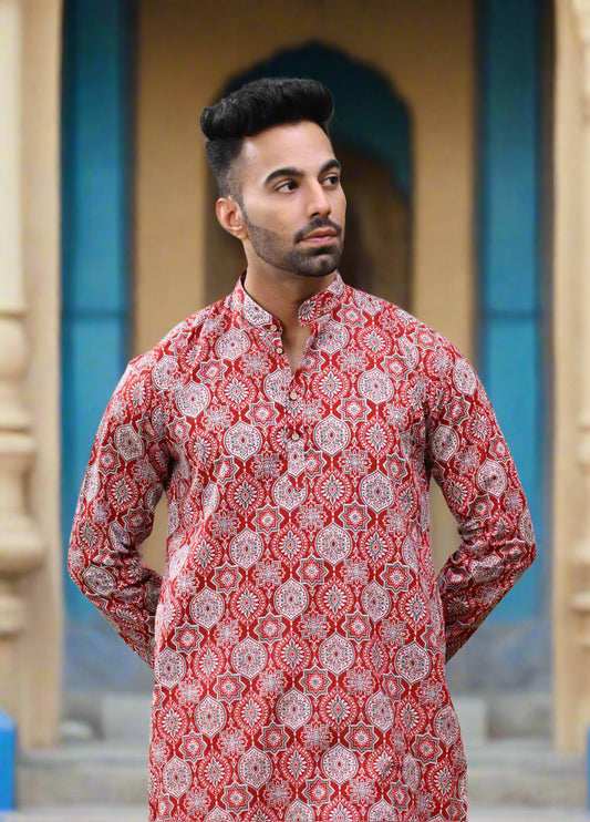 Maroon Printed Cotton Long Kurta