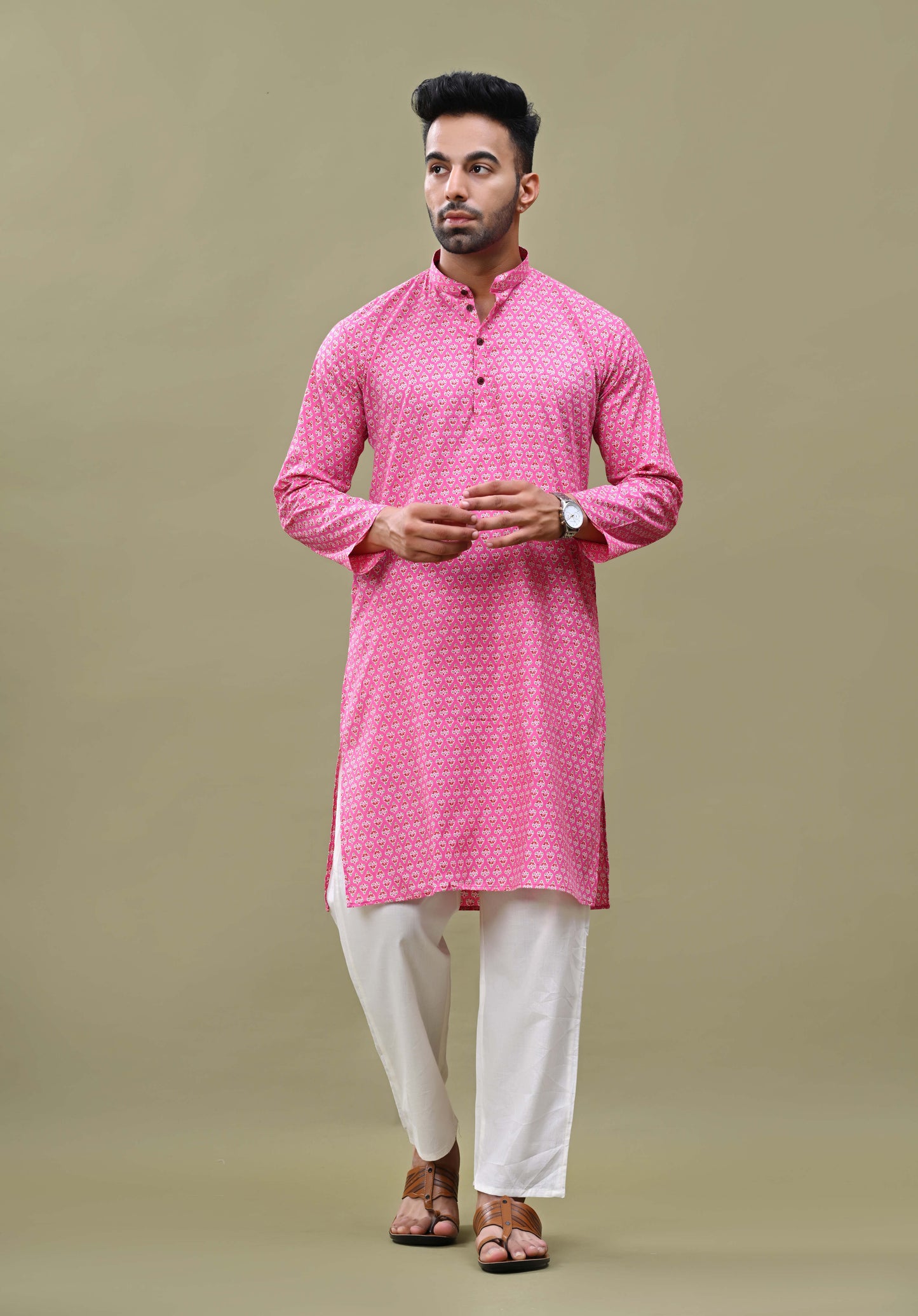 Cool Pink Printed Cotton Long Kurta