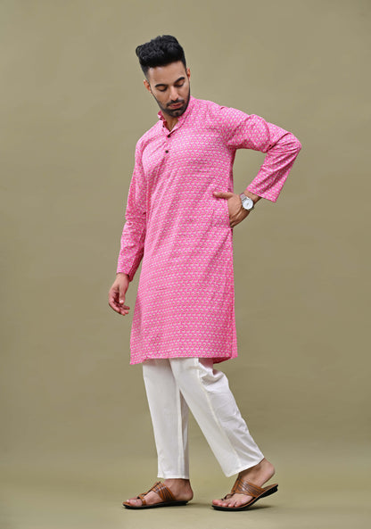 Cool Pink Printed Cotton Long Kurta