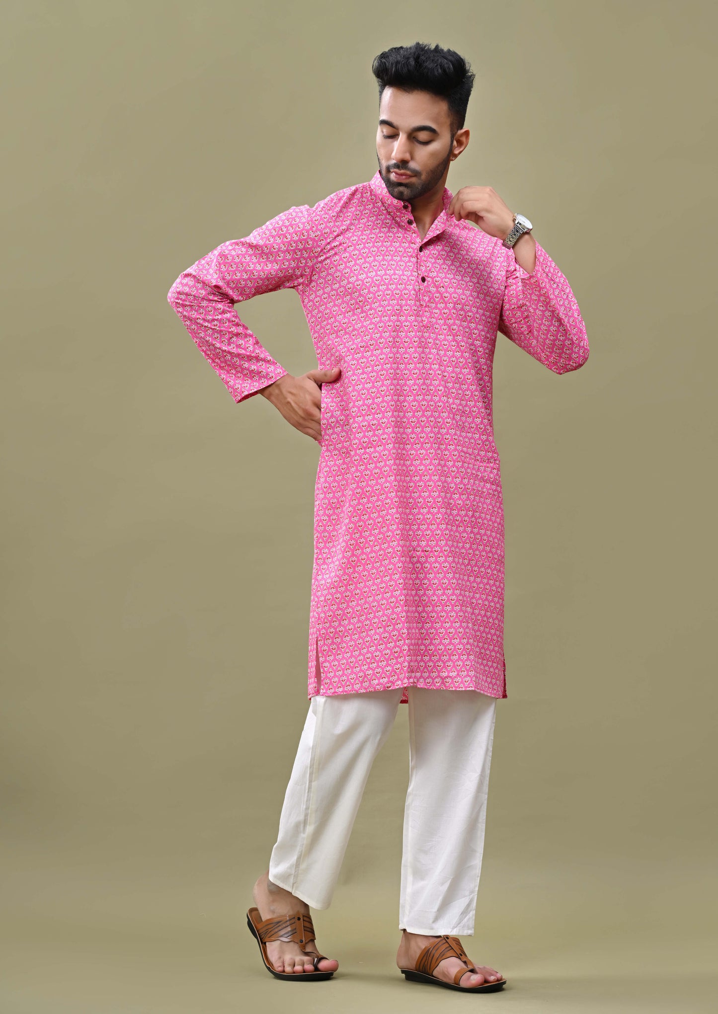 Cool Pink Printed Cotton Long Kurta