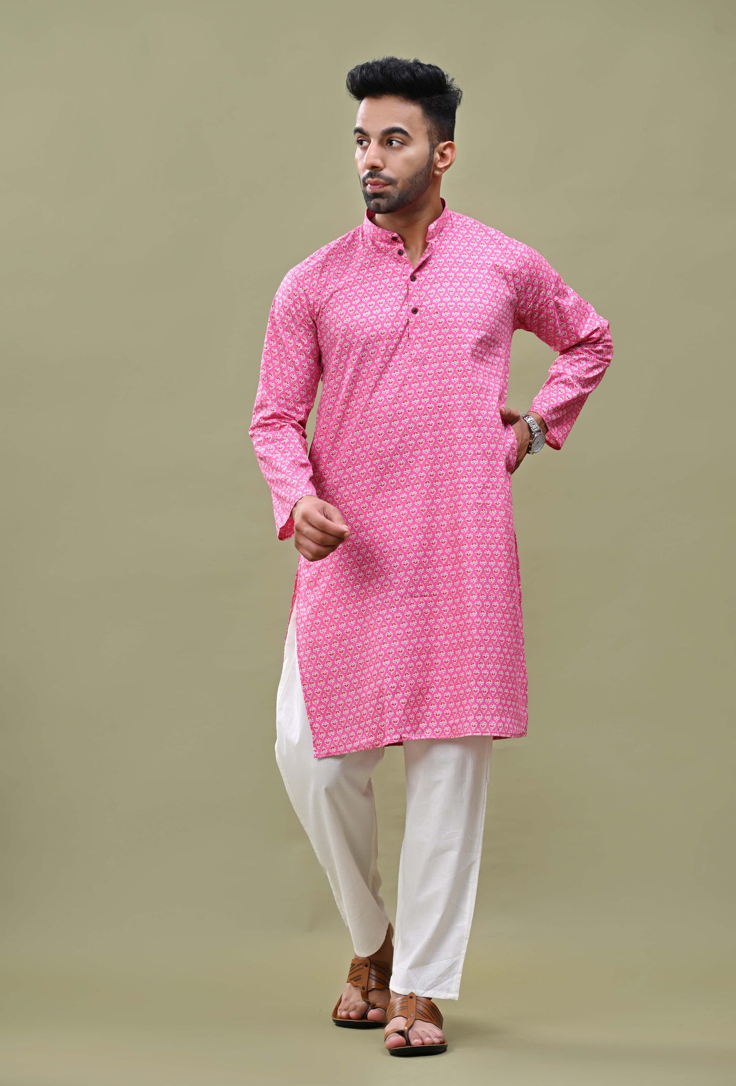 Cool Pink Printed Cotton Long Kurta