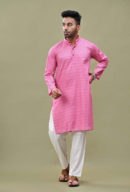 Cool Pink Printed Cotton Long Kurta