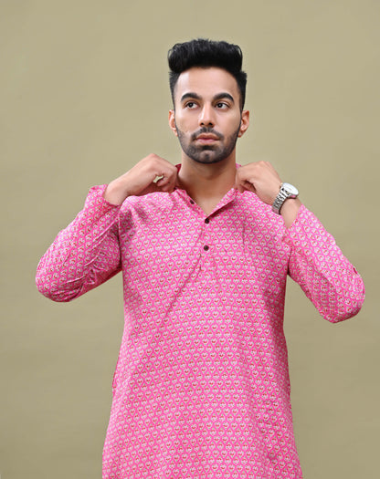 Cool Pink Printed Cotton Long Kurta