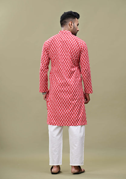 Red Printed Cotton Long Kurta