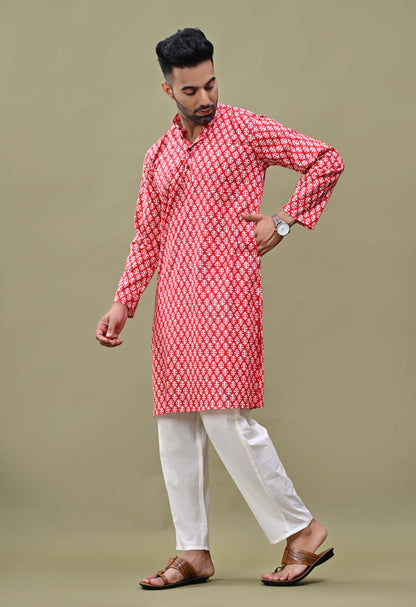Red Printed Cotton Long Kurta