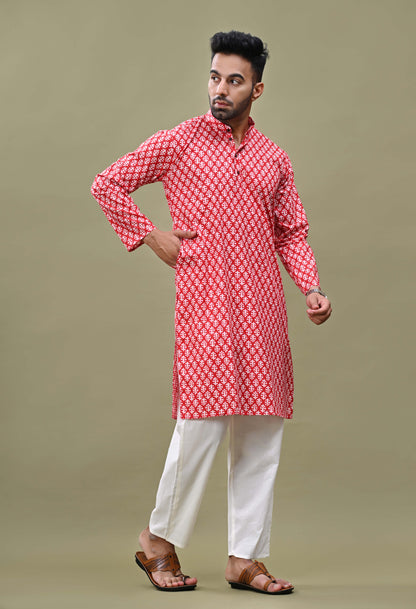 Red Printed Cotton Long Kurta