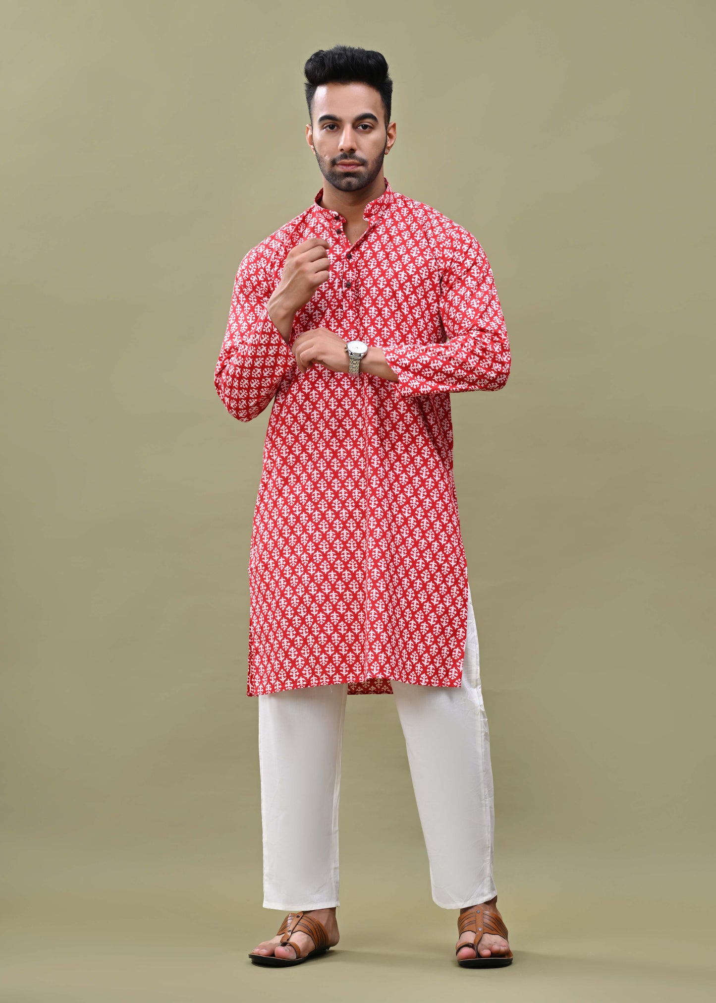 Red Printed Cotton Long Kurta