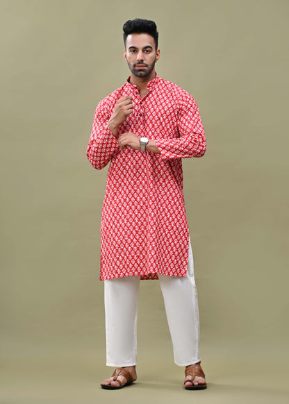 Red Printed Cotton Long Kurta