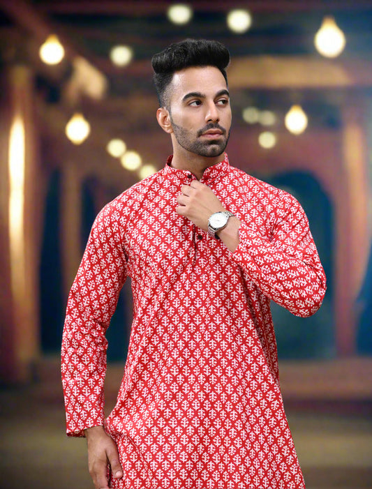 Red Printed Cotton Long Kurta