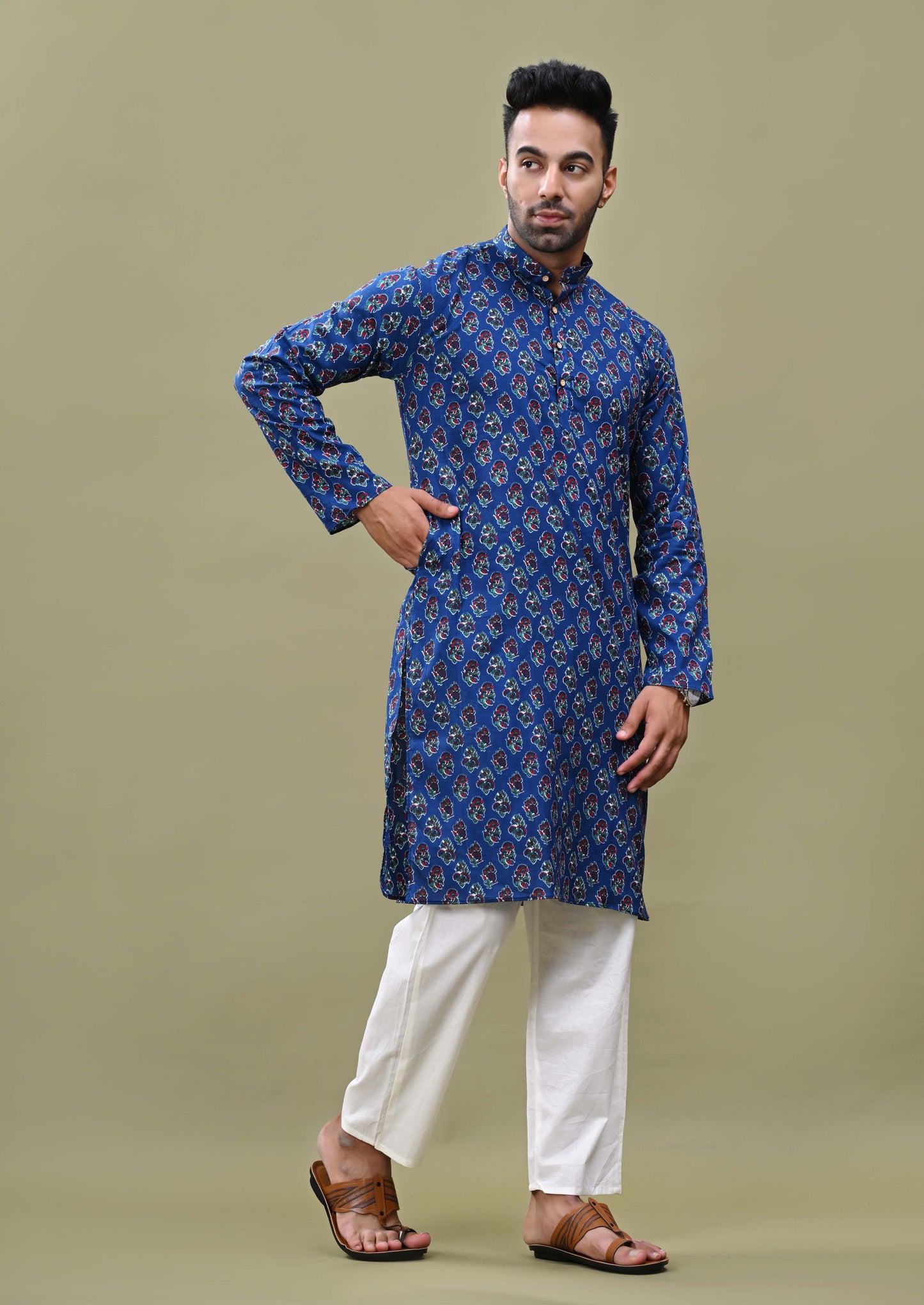 Blue Sanganeri Print Long Kurta