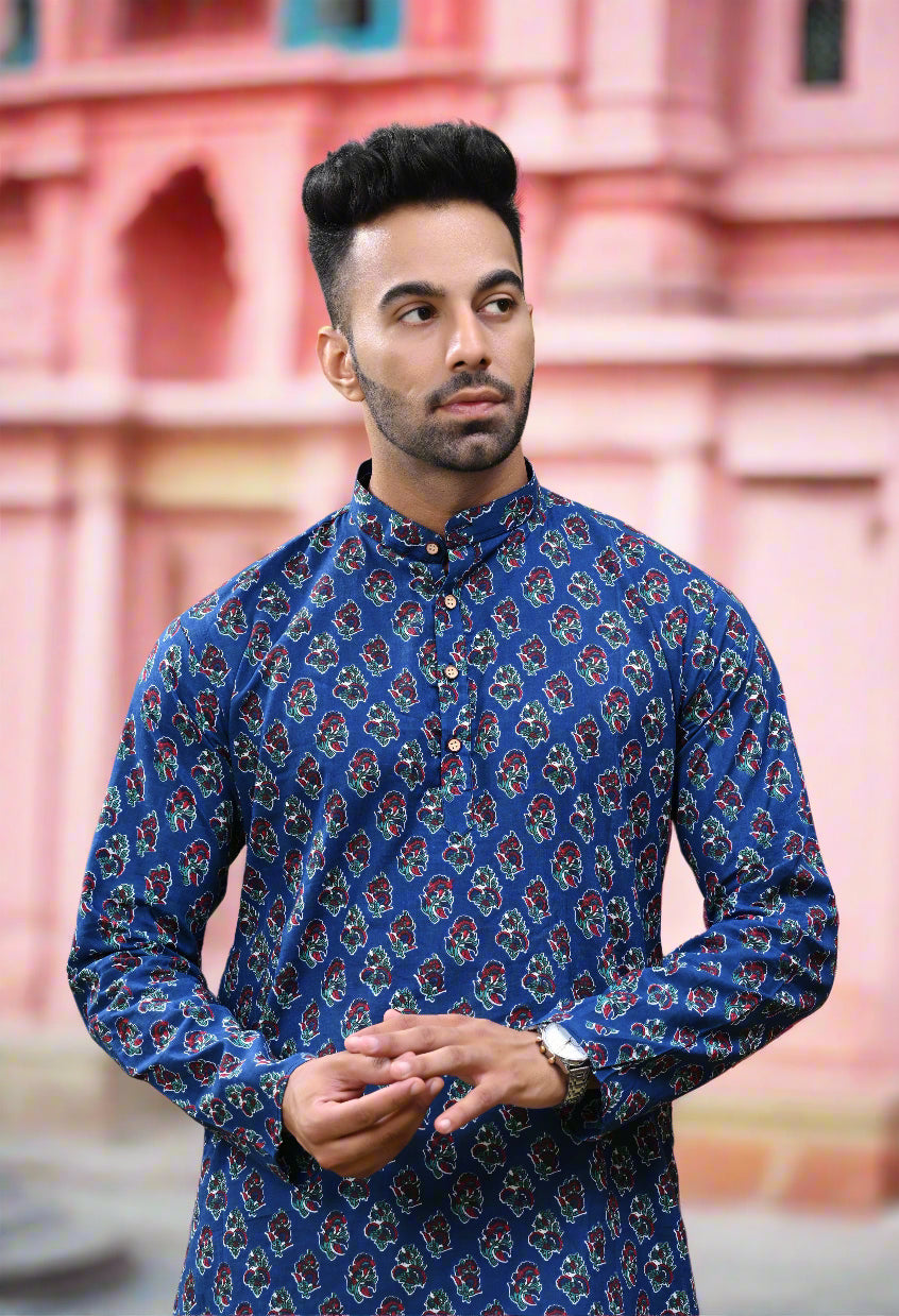 Blue Sanganeri Print Long Kurta