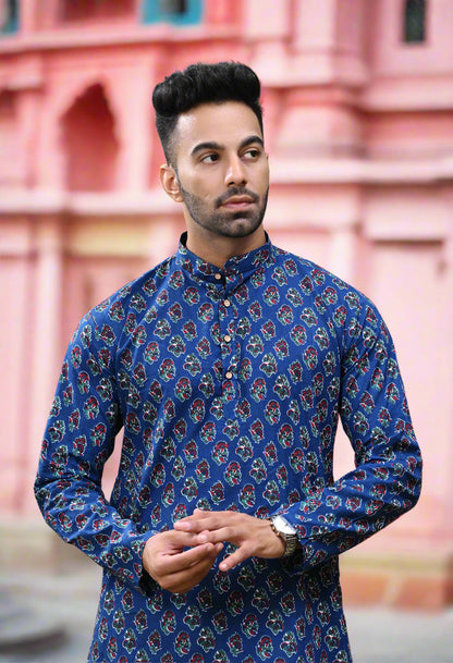 Blue Sanganeri Print Long Kurta