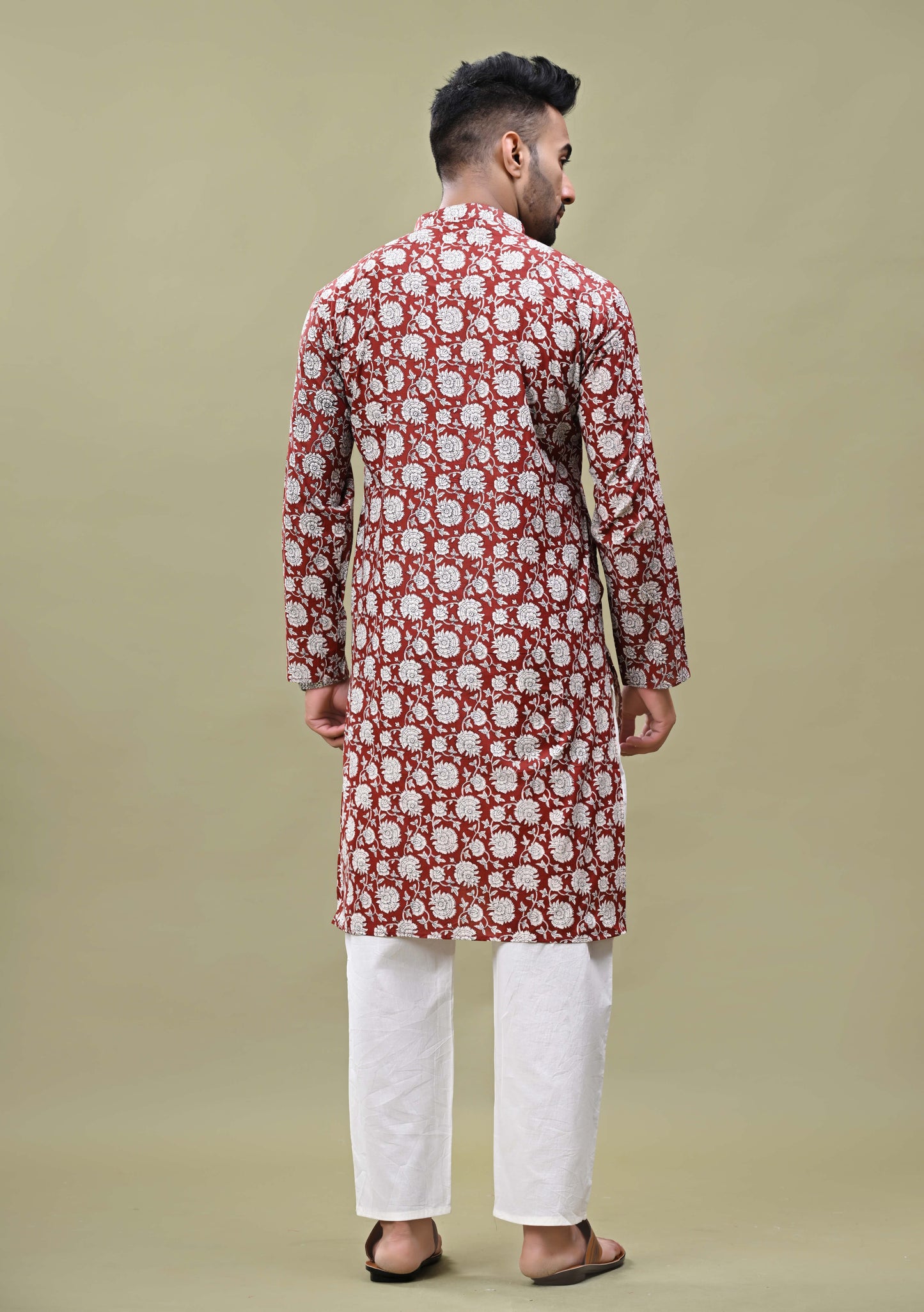 Brick Color Floral Print Cotton Long Kurta
