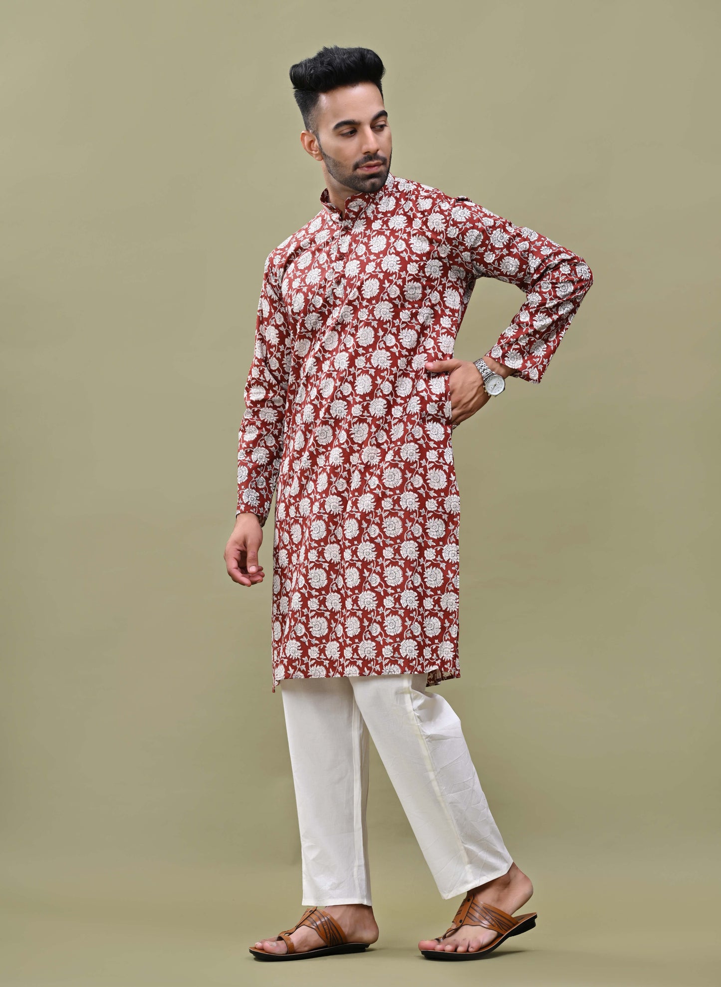 Brick Color Floral Print Cotton Long Kurta