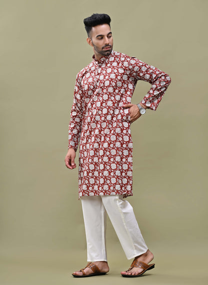 Brick Color Floral Print Cotton Long Kurta