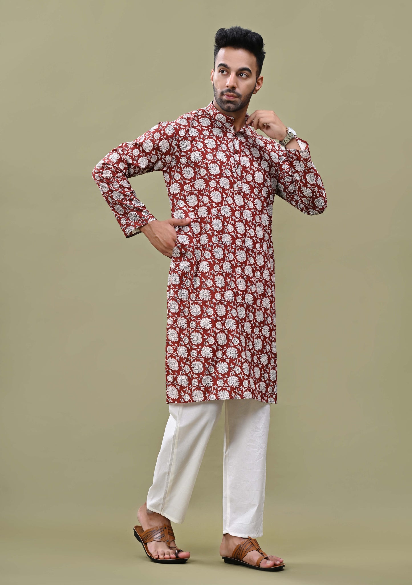 Brick Color Floral Print Cotton Long Kurta