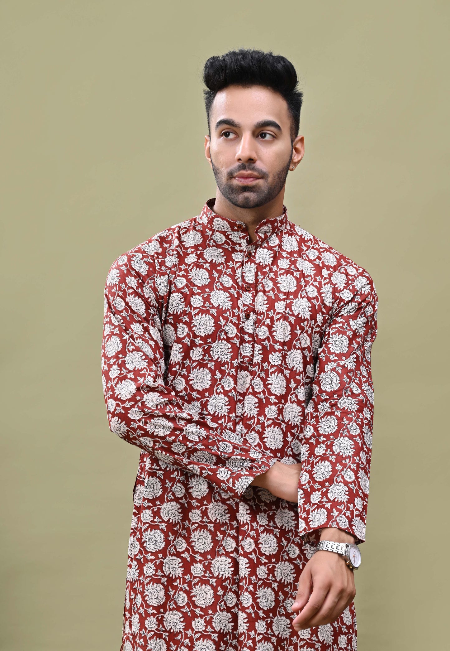 Brick Color Floral Print Cotton Long Kurta