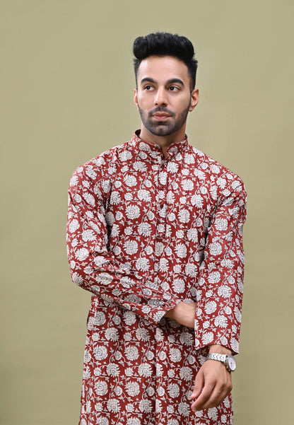 Brick Color Floral Print Cotton Long Kurta