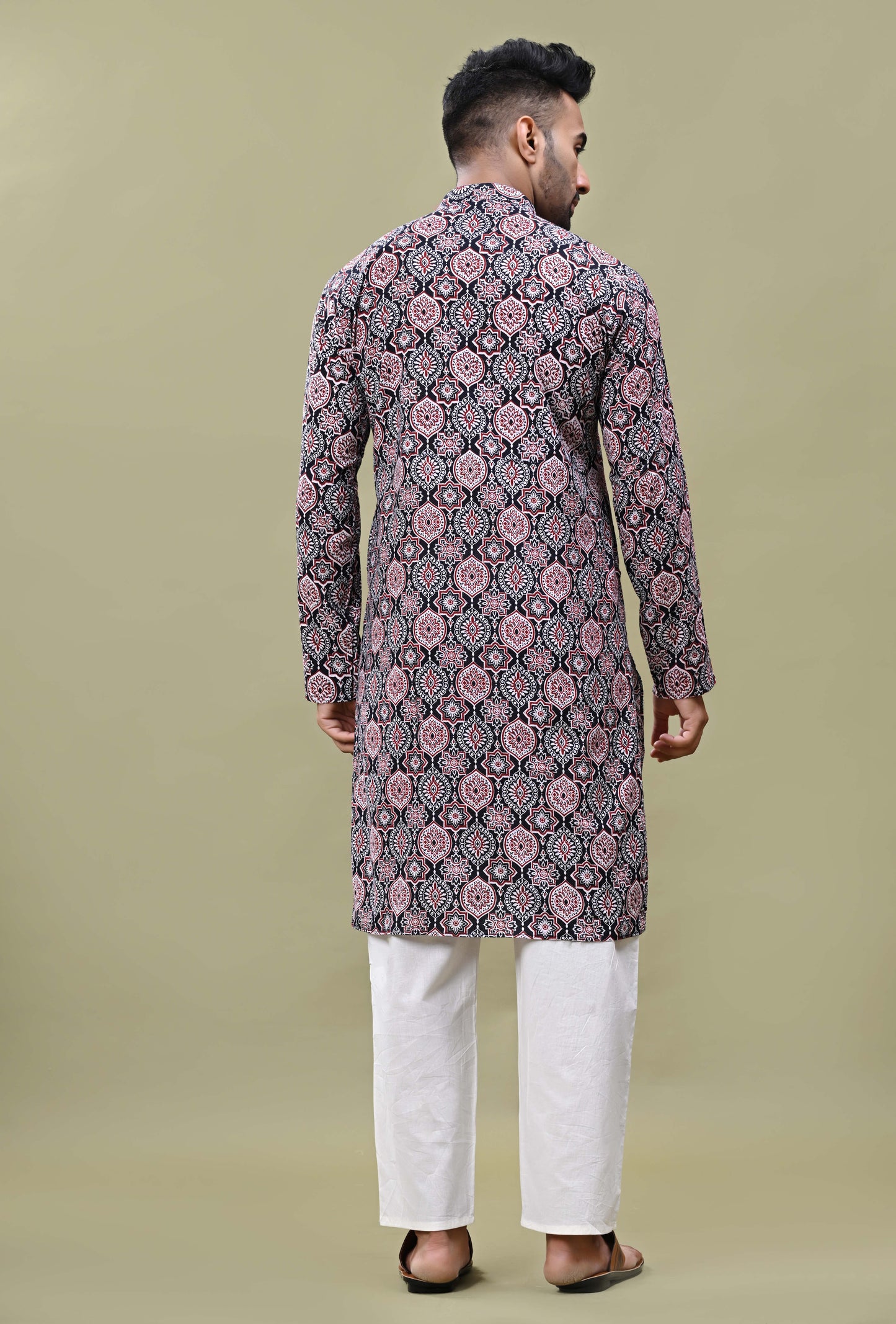 Black & Red Printed Cotton Long Kurta