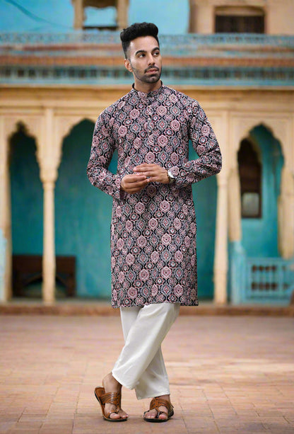 Black & Red Printed Cotton Long Kurta