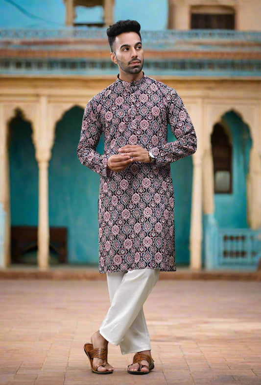 Black & Red Printed Cotton Long Kurta