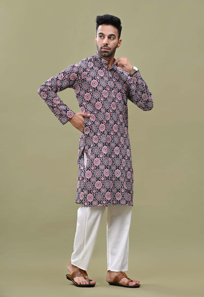 Black & Red Printed Cotton Long Kurta