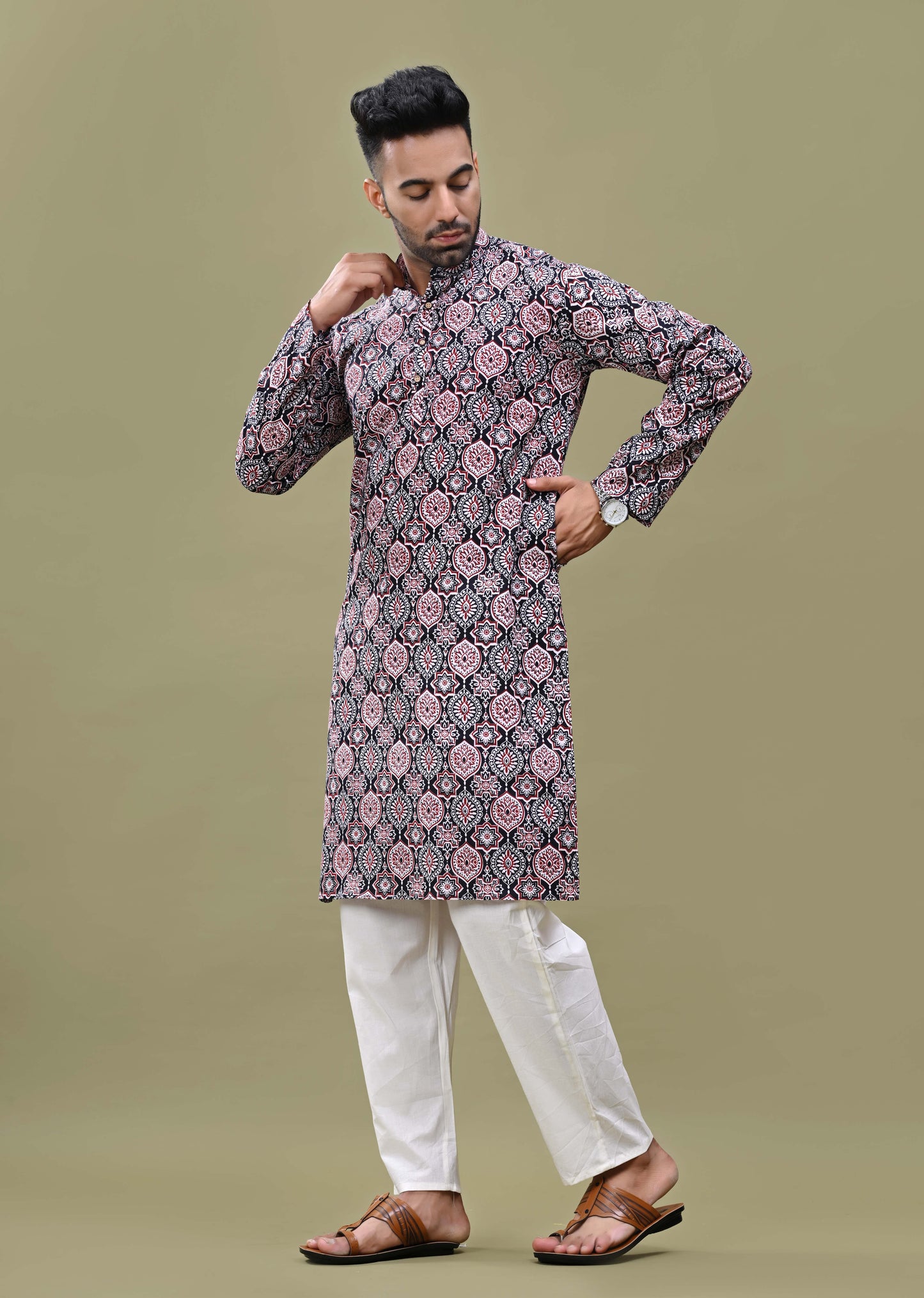 Black & Red Printed Cotton Long Kurta