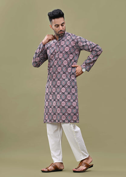 Black & Red Printed Cotton Long Kurta