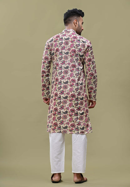 Floral Printed Off-white Cotton Long Kurta