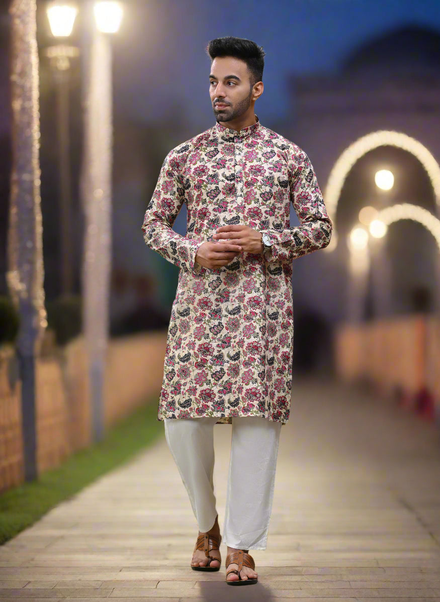 Floral Printed Off-white Cotton Long Kurta