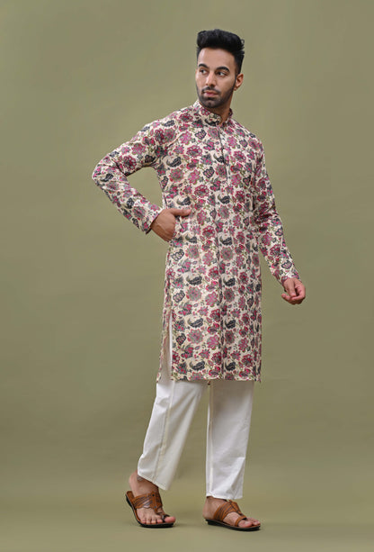 Floral Printed Off-white Cotton Long Kurta