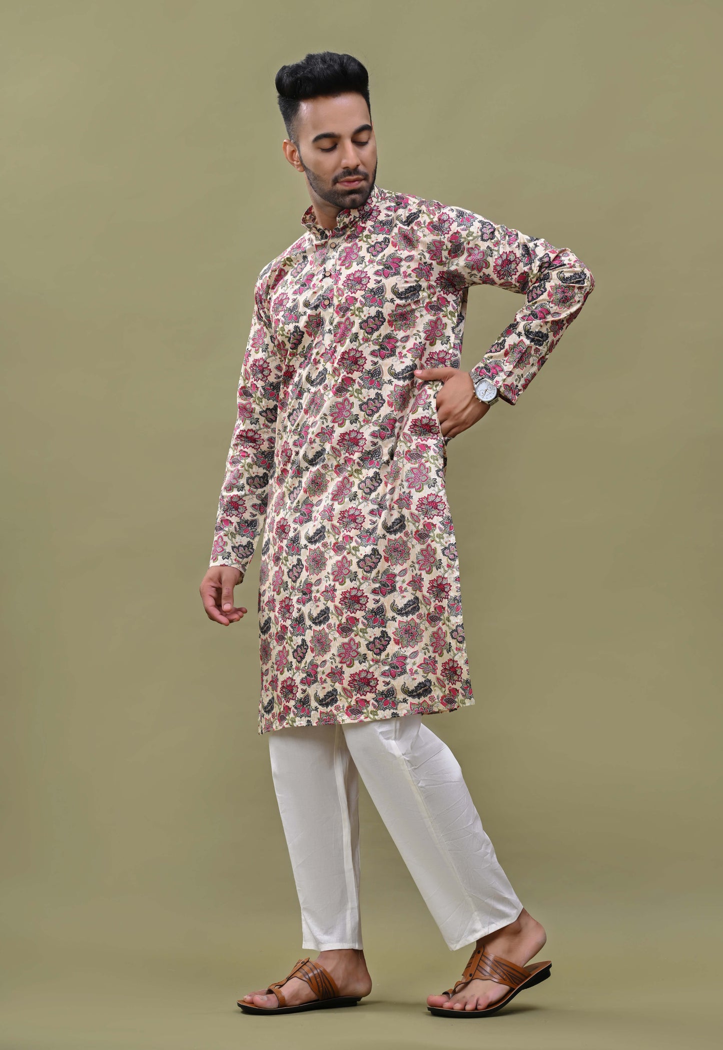 Floral Printed Off-white Cotton Long Kurta