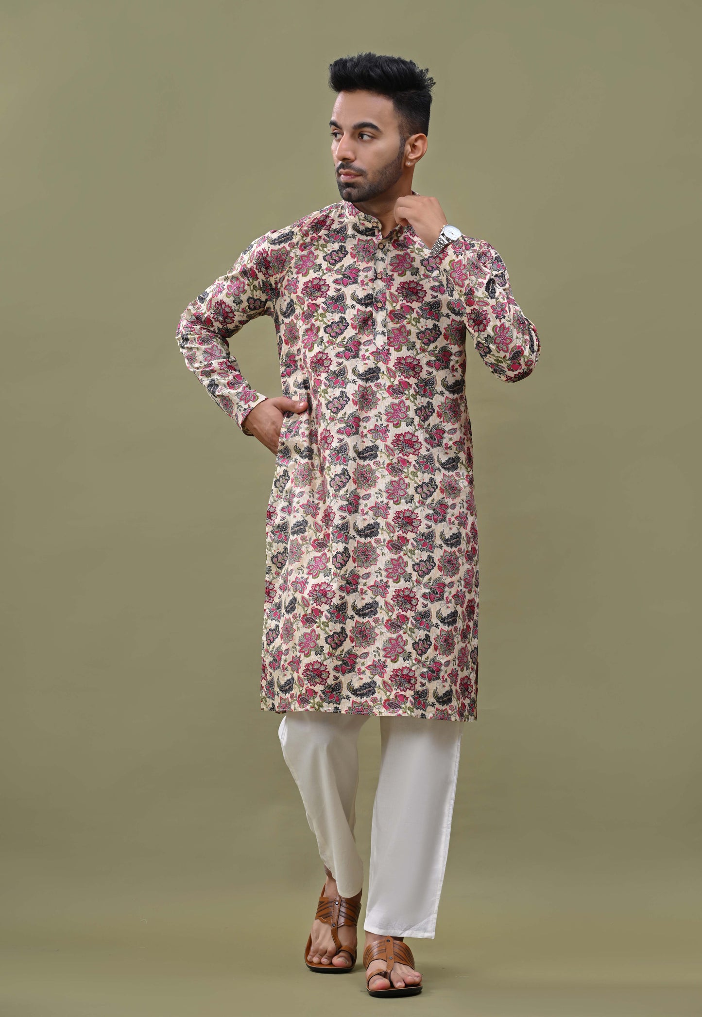 Floral Printed Off-white Cotton Long Kurta