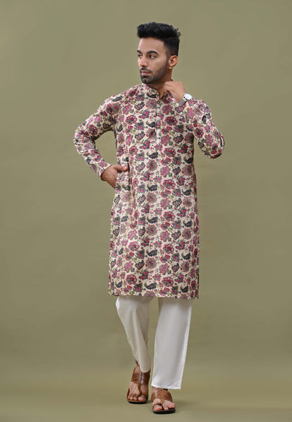 Floral Printed Off-white Cotton Long Kurta