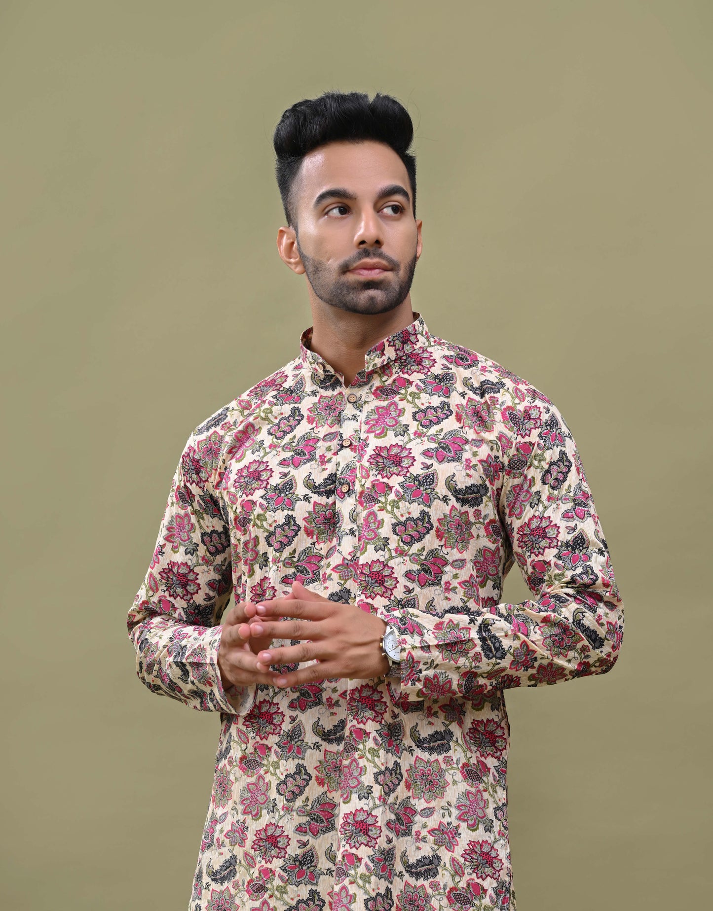 Floral Printed Off-white Cotton Long Kurta