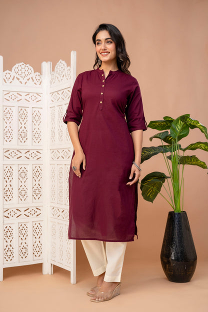 EKRANG Solid Straight WIne Red Kurta with Pants