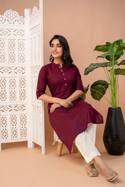 EKRANG Solid Straight WIne Red Kurta with Pants