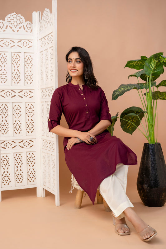 EKRANG Solid Straight WIne Red Kurta with Pants