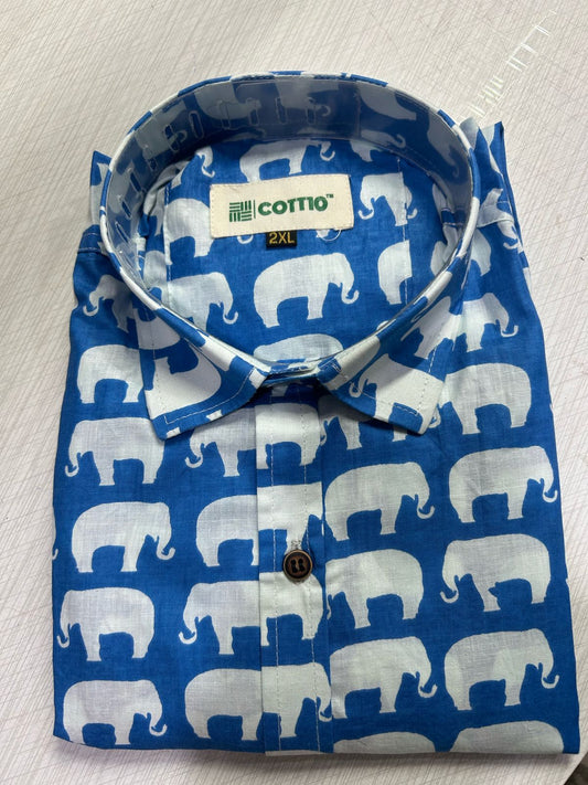 Blue Elephant Print Sanganeri Printed Cotton Shirt