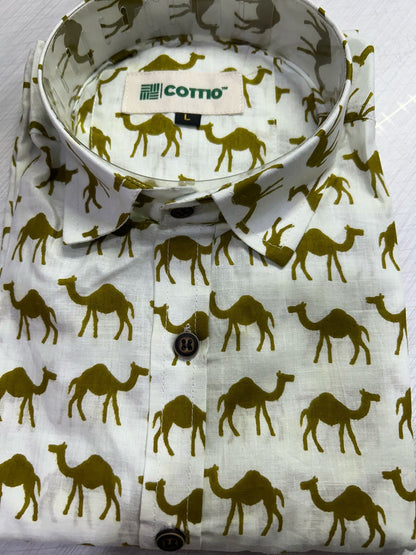 Camel Printed Sanganeri Printed Cotton Shirt