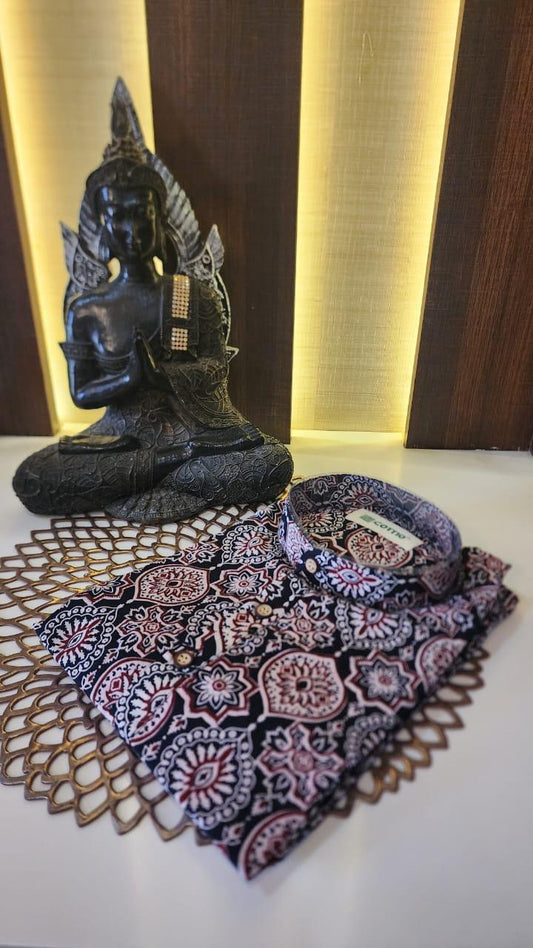 Black & Red Printed Cotton Long Kurta