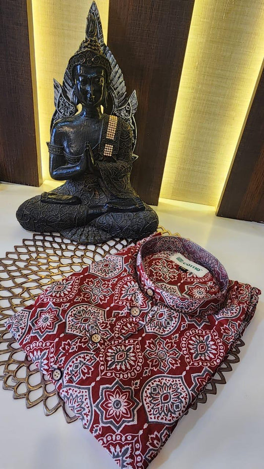 Maroon Printed Cotton Long Kurta