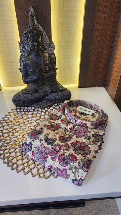 Floral Printed Off-white Cotton Long Kurta